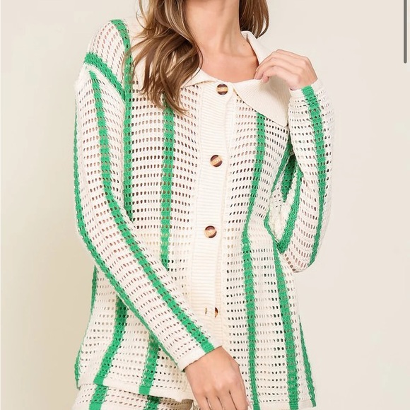 Lumiere Sweaters - Lumiere Green and Cream Striped Cardigan